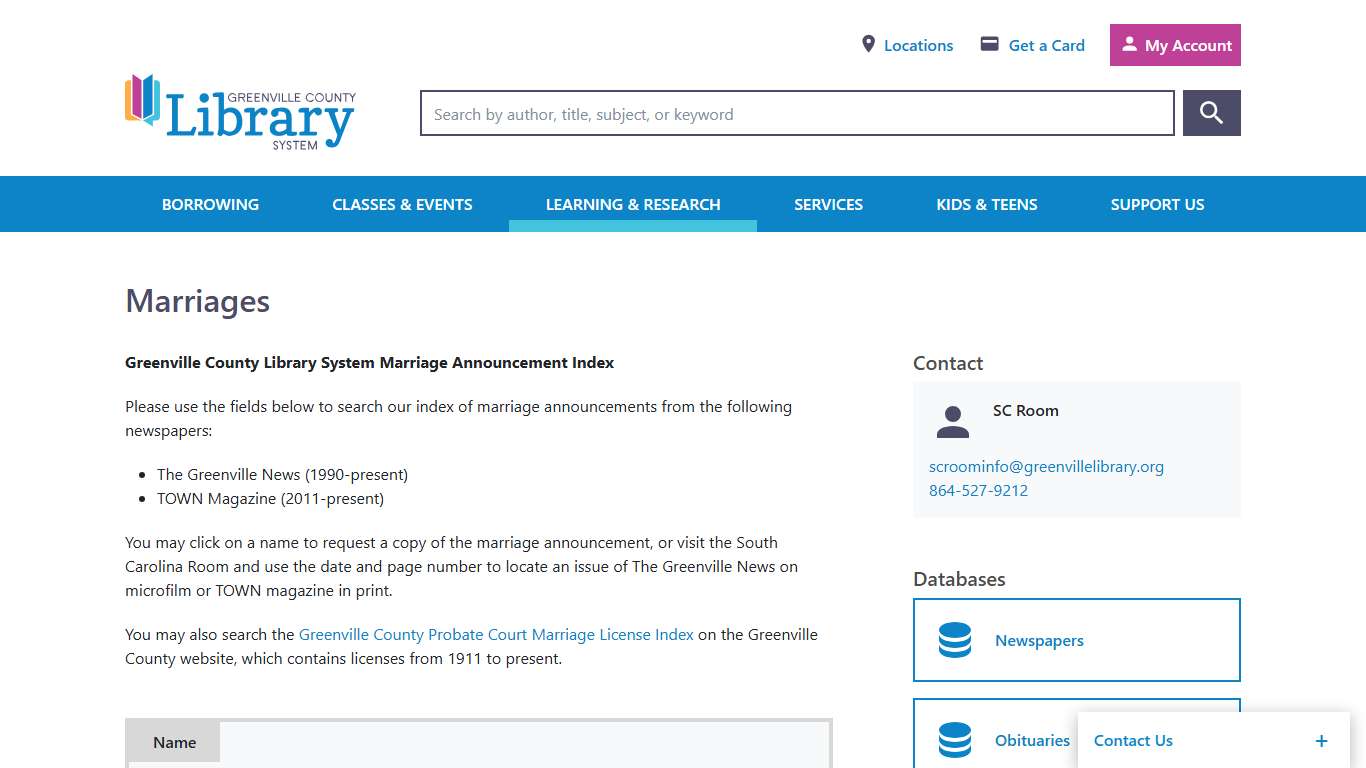 Marriages Greenville (SC) County Library System